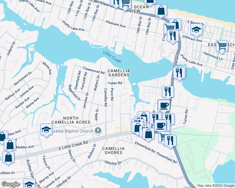 map of restaurants, bars, coffee shops, grocery stores, and more near 8115 Redmon Road in Norfolk