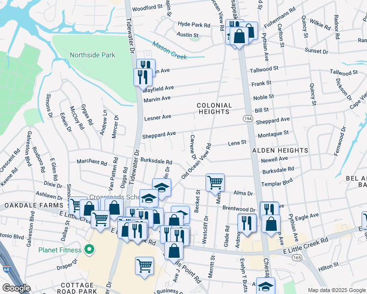 map of restaurants, bars, coffee shops, grocery stores, and more near 779 Sheppard Avenue in Norfolk