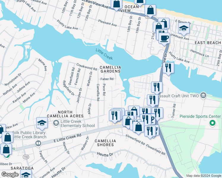 map of restaurants, bars, coffee shops, grocery stores, and more near 8126 Pace Road in Norfolk