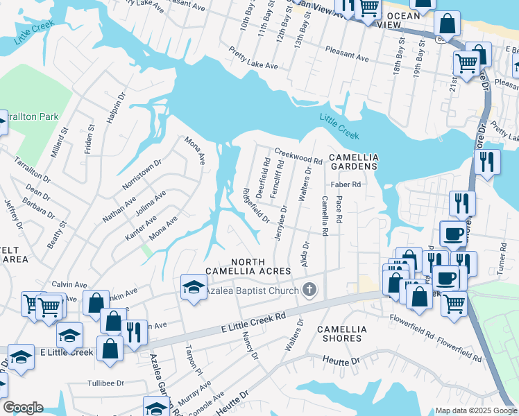 map of restaurants, bars, coffee shops, grocery stores, and more near 2914 Somerset Lane in Norfolk