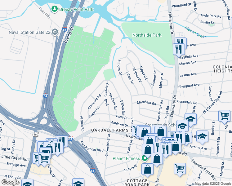 map of restaurants, bars, coffee shops, grocery stores, and more near 8035 East Glen Road in Norfolk