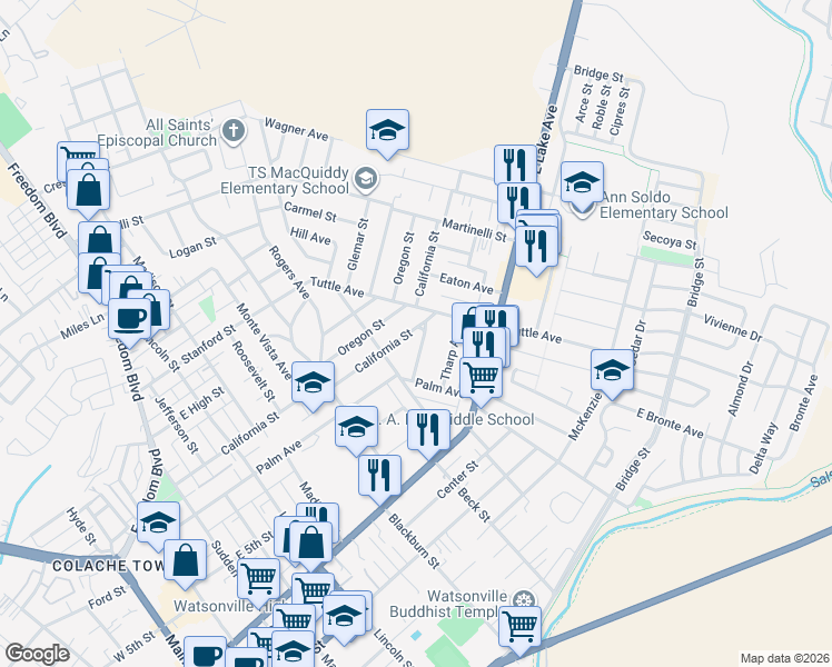map of restaurants, bars, coffee shops, grocery stores, and more near 630 California Street in Watsonville