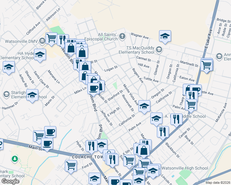 map of restaurants, bars, coffee shops, grocery stores, and more near 218 Alvarado Street in Watsonville