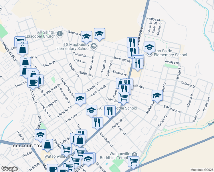 map of restaurants, bars, coffee shops, grocery stores, and more near 630 California Street in Watsonville