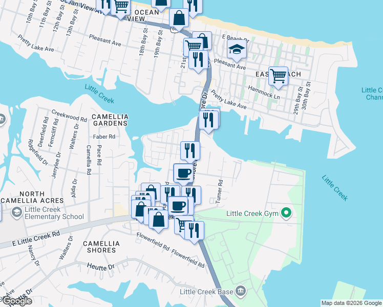 map of restaurants, bars, coffee shops, grocery stores, and more near 8131 Shore Drive in Norfolk