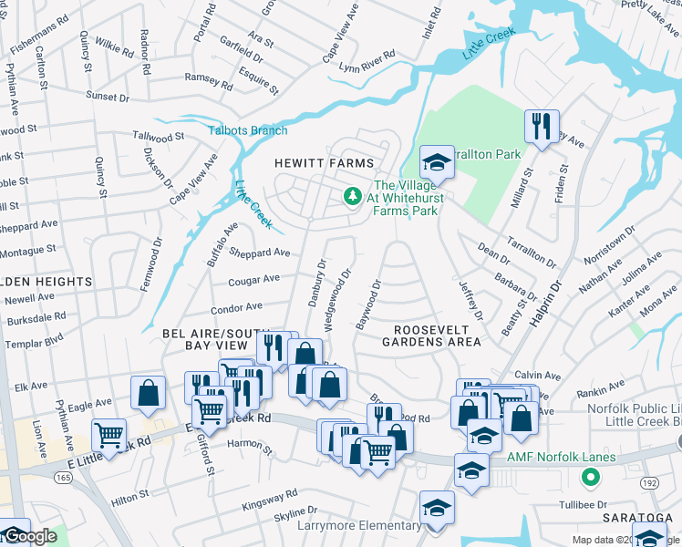 map of restaurants, bars, coffee shops, grocery stores, and more near 8209 Wedgewood Drive in Norfolk