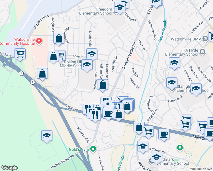 map of restaurants, bars, coffee shops, grocery stores, and more near 45 Kralj Drive in Watsonville