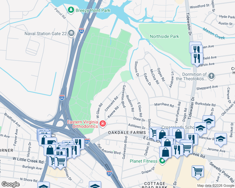 map of restaurants, bars, coffee shops, grocery stores, and more near 8039 Crescent Road in Norfolk