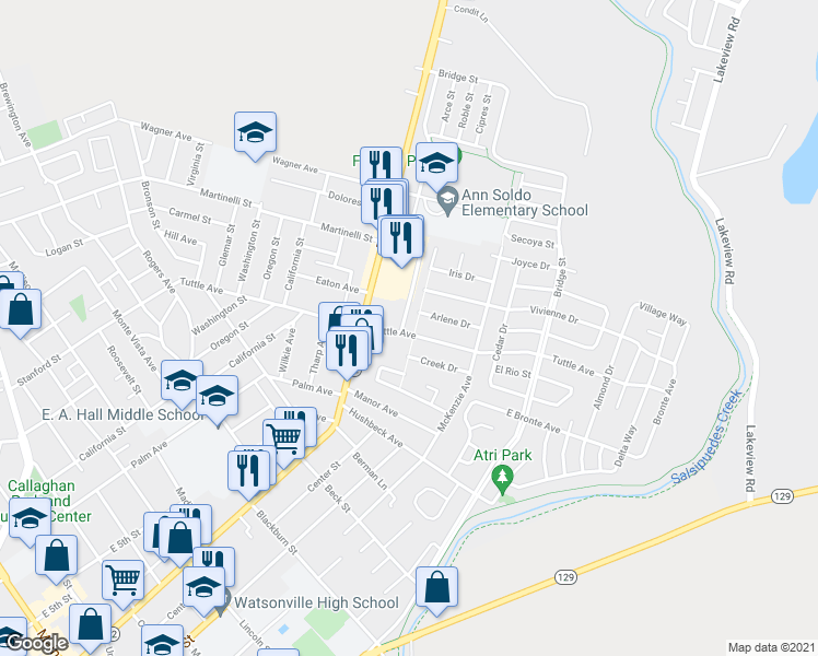 map of restaurants, bars, coffee shops, grocery stores, and more near 602 Tuttle Avenue in Watsonville