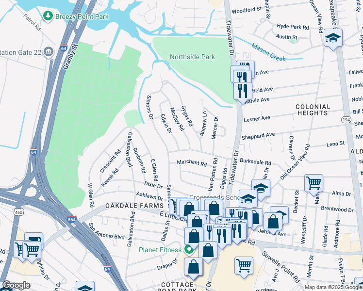 map of restaurants, bars, coffee shops, grocery stores, and more near 8202 Edwin Dr in Norfolk