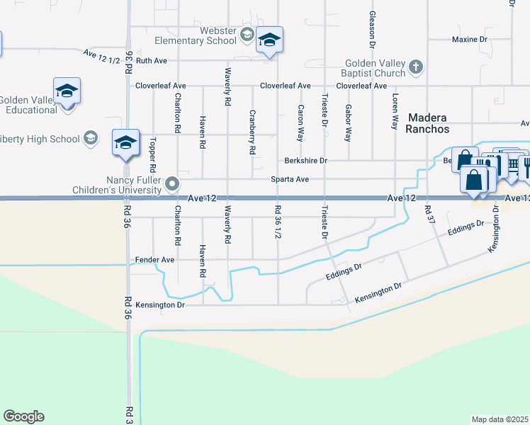 map of restaurants, bars, coffee shops, grocery stores, and more near 36457 Orange Grove Avenue in Madera