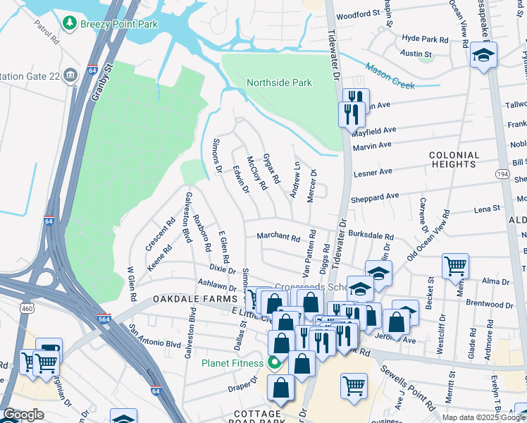 map of restaurants, bars, coffee shops, grocery stores, and more near 8202 Edwin Dr in Norfolk