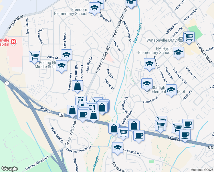 map of restaurants, bars, coffee shops, grocery stores, and more near 78 Peace Drive in Watsonville