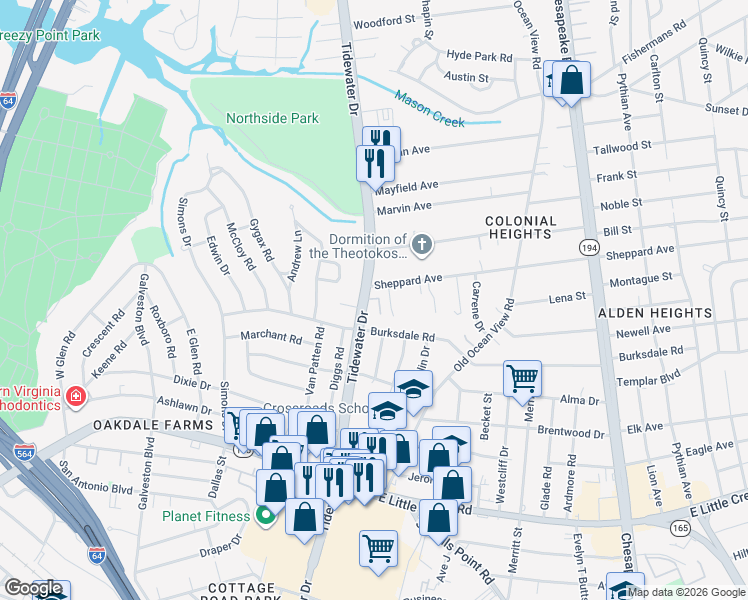 map of restaurants, bars, coffee shops, grocery stores, and more near 8226 Tidewater Drive in Norfolk