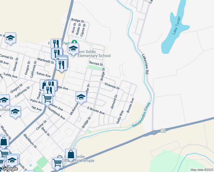 map of restaurants, bars, coffee shops, grocery stores, and more near 475 Vivienne Drive in Watsonville