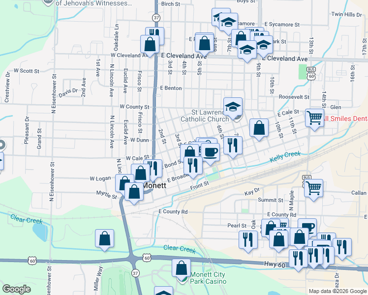 map of restaurants, bars, coffee shops, grocery stores, and more near 400 East Cale Street in Monett
