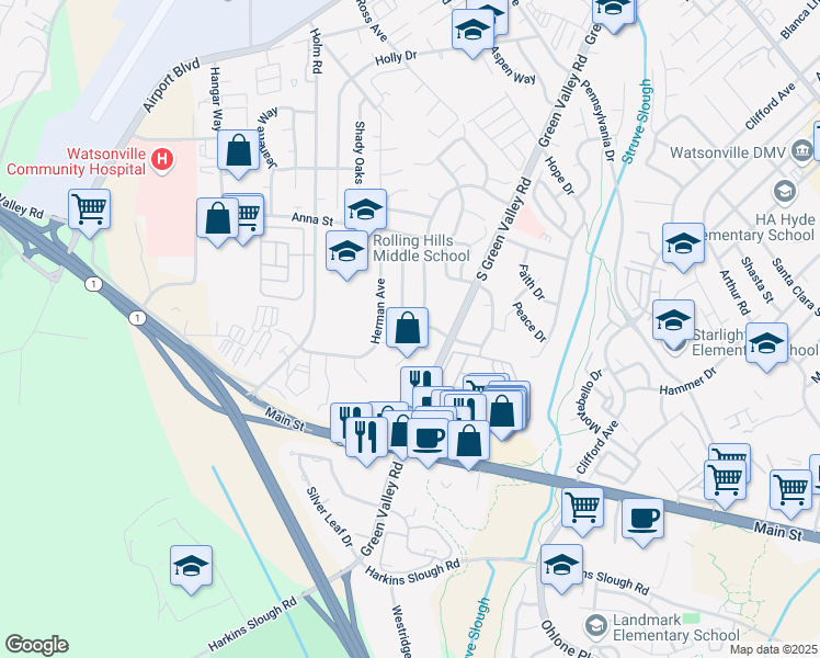 map of restaurants, bars, coffee shops, grocery stores, and more near 45 Kralj Drive in Watsonville
