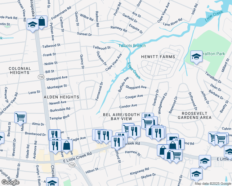 map of restaurants, bars, coffee shops, grocery stores, and more near 8211 Buffalo Avenue in Norfolk
