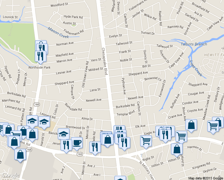 map of restaurants, bars, coffee shops, grocery stores, and more near 8250 Chesapeake Boulevard in Norfolk