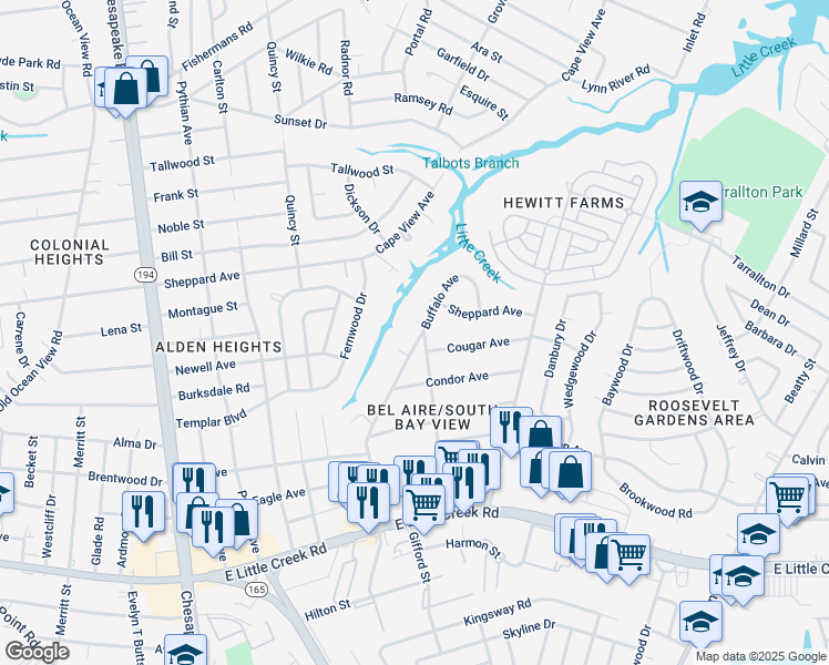 map of restaurants, bars, coffee shops, grocery stores, and more near 8211 Buffalo Avenue in Norfolk