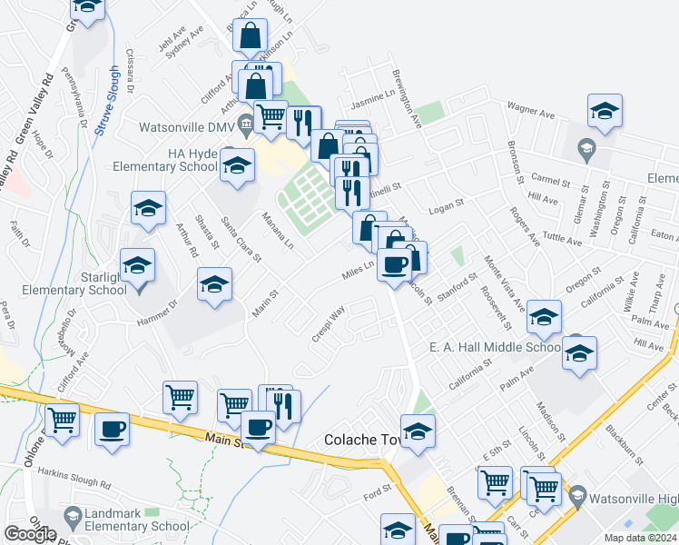 map of restaurants, bars, coffee shops, grocery stores, and more near 136 Miles Lane in Watsonville