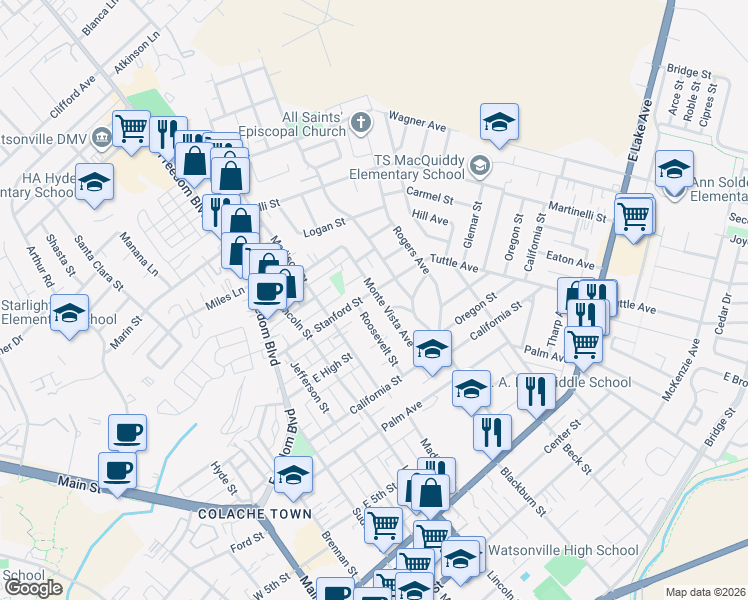 map of restaurants, bars, coffee shops, grocery stores, and more near 79 Monte Vista Avenue in Watsonville