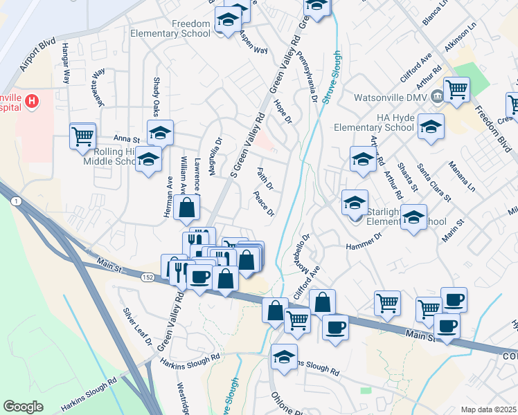 map of restaurants, bars, coffee shops, grocery stores, and more near 78 Peace Drive in Watsonville