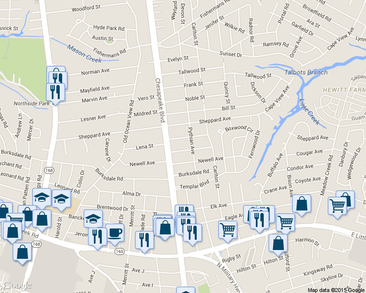 map of restaurants, bars, coffee shops, grocery stores, and more near 8250 Chesapeake Boulevard in Norfolk