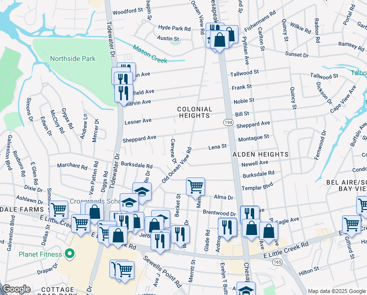 map of restaurants, bars, coffee shops, grocery stores, and more near 8263 Old Ocean View Road in Norfolk