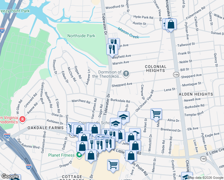 map of restaurants, bars, coffee shops, grocery stores, and more near 8226 Tidewater Drive in Norfolk