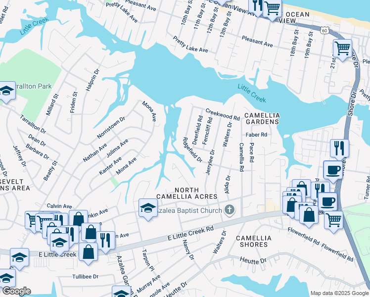 map of restaurants, bars, coffee shops, grocery stores, and more near 2909 Ridgefield Drive in Norfolk