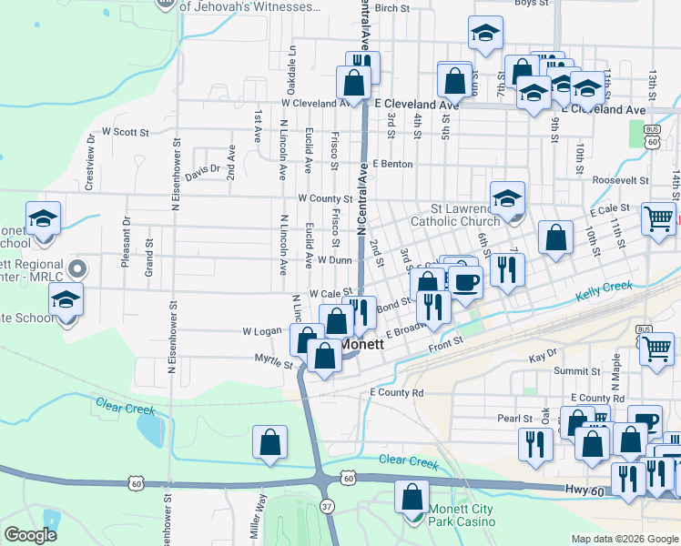 map of restaurants, bars, coffee shops, grocery stores, and more near 413 Frisco Avenue in Monett