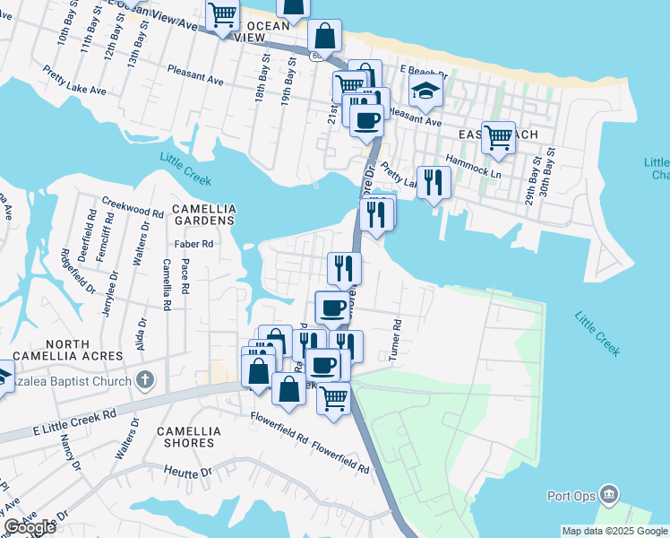 map of restaurants, bars, coffee shops, grocery stores, and more near 8290 Highland Street in Norfolk