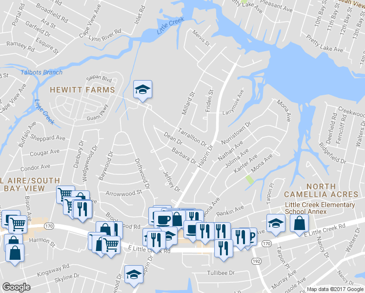 map of restaurants, bars, coffee shops, grocery stores, and more near 2217 Dean Drive in Norfolk