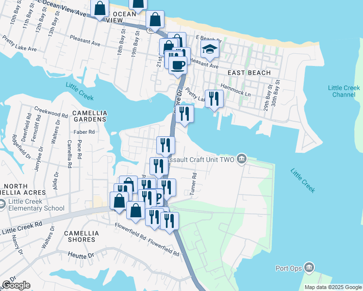 map of restaurants, bars, coffee shops, grocery stores, and more near 8145 Wisteria Place in Norfolk