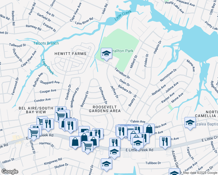map of restaurants, bars, coffee shops, grocery stores, and more near 2153 Jeffrey Drive in Norfolk