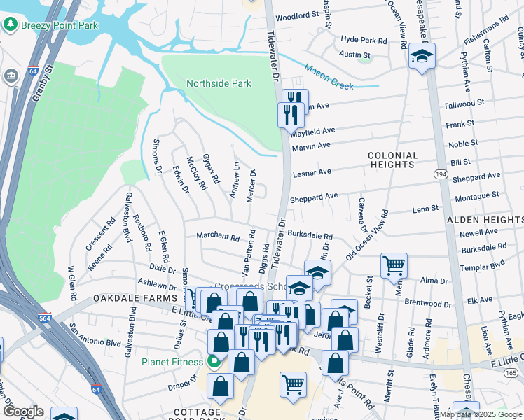 map of restaurants, bars, coffee shops, grocery stores, and more near 602 Carraway Court in Norfolk