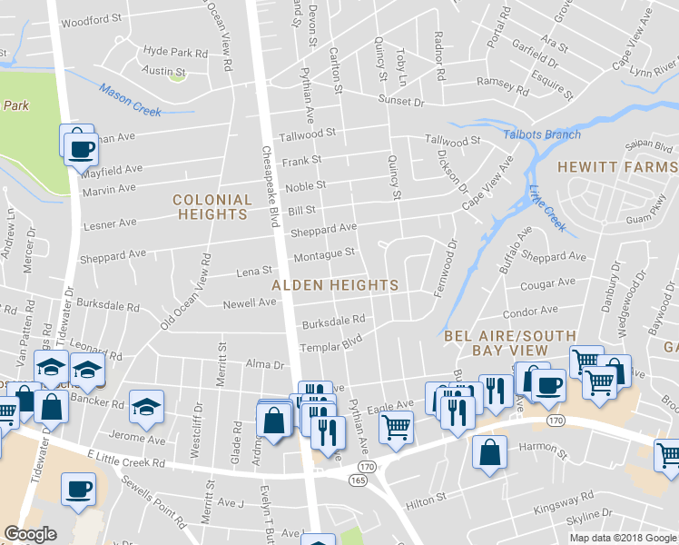 map of restaurants, bars, coffee shops, grocery stores, and more near 1204 Winston Street in Norfolk