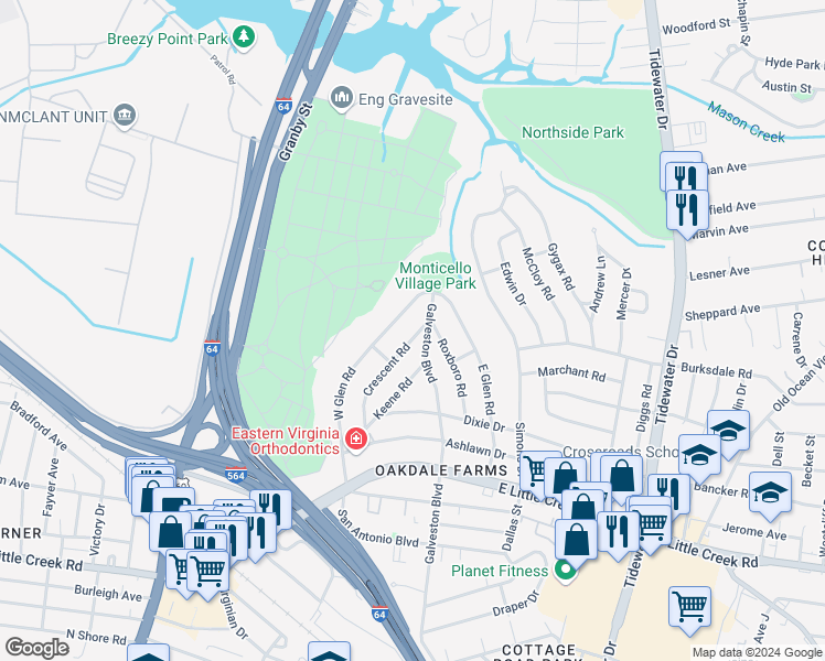 map of restaurants, bars, coffee shops, grocery stores, and more near 8039 Crescent Road in Norfolk