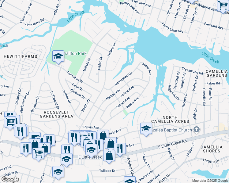 map of restaurants, bars, coffee shops, grocery stores, and more near 8301 Nathan Avenue in Norfolk