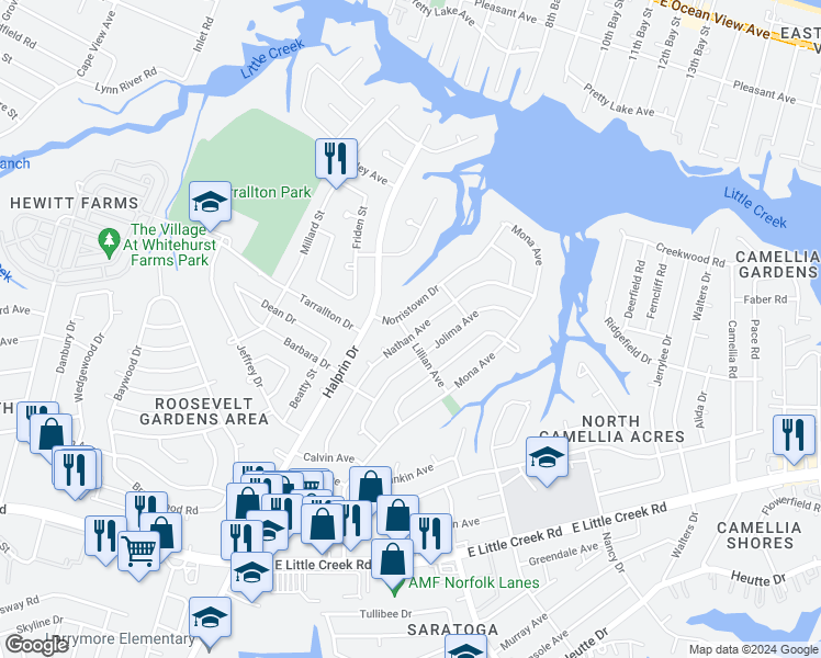 map of restaurants, bars, coffee shops, grocery stores, and more near 8301 Nathan Avenue in Norfolk