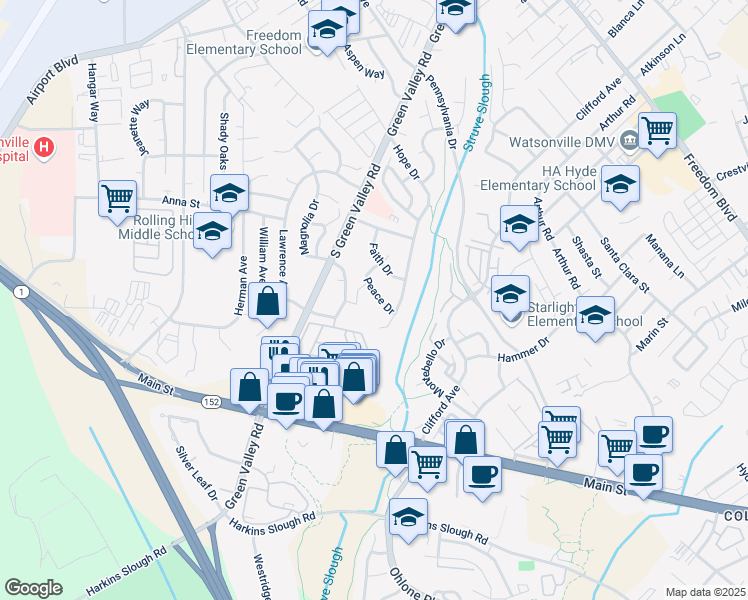 map of restaurants, bars, coffee shops, grocery stores, and more near 78 Peace Drive in Watsonville