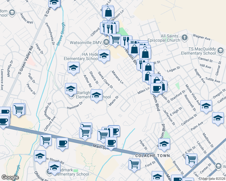 map of restaurants, bars, coffee shops, grocery stores, and more near 126 San Benito Street in Watsonville