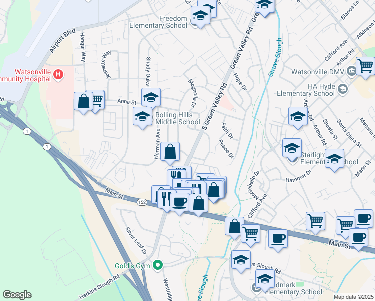 map of restaurants, bars, coffee shops, grocery stores, and more near 8 Kralj Drive in Watsonville