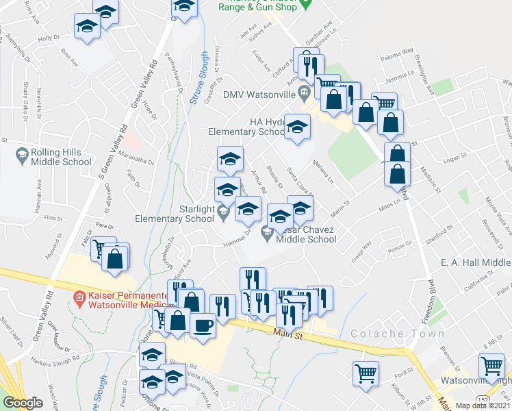 map of restaurants, bars, coffee shops, grocery stores, and more near 428 Winchester Drive in Watsonville
