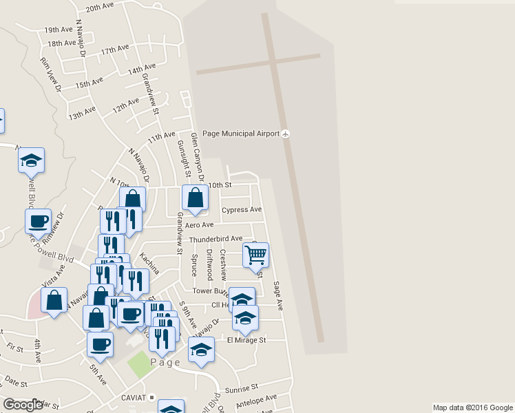 map of restaurants, bars, coffee shops, grocery stores, and more near 915 Ponderosa St in Page