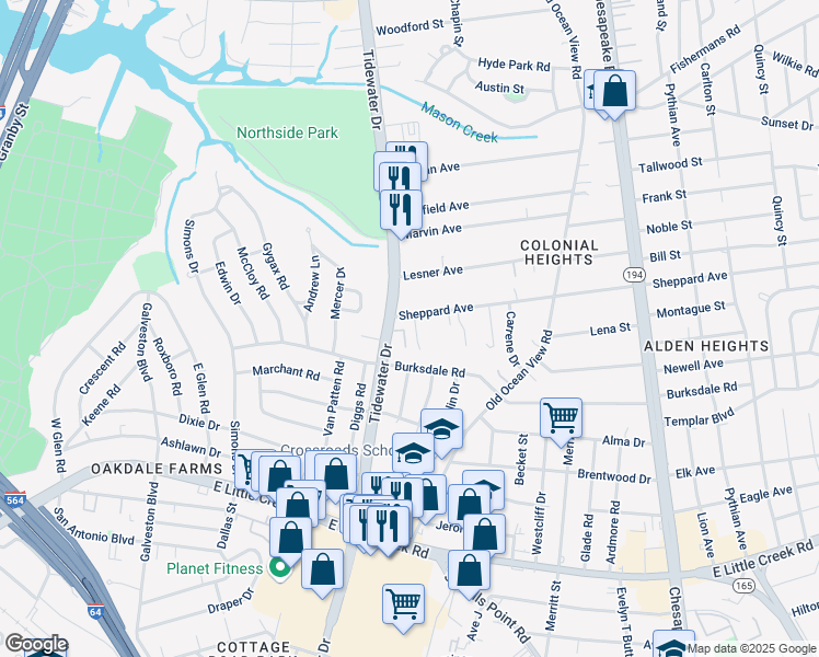 map of restaurants, bars, coffee shops, grocery stores, and more near 8226 Tidewater Drive in Norfolk