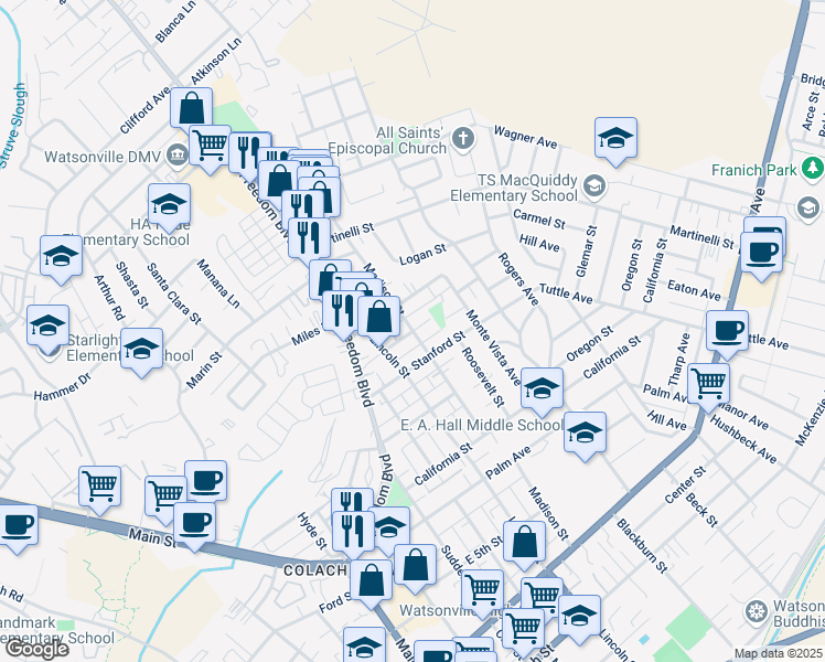 map of restaurants, bars, coffee shops, grocery stores, and more near 601 Madison Street in Watsonville