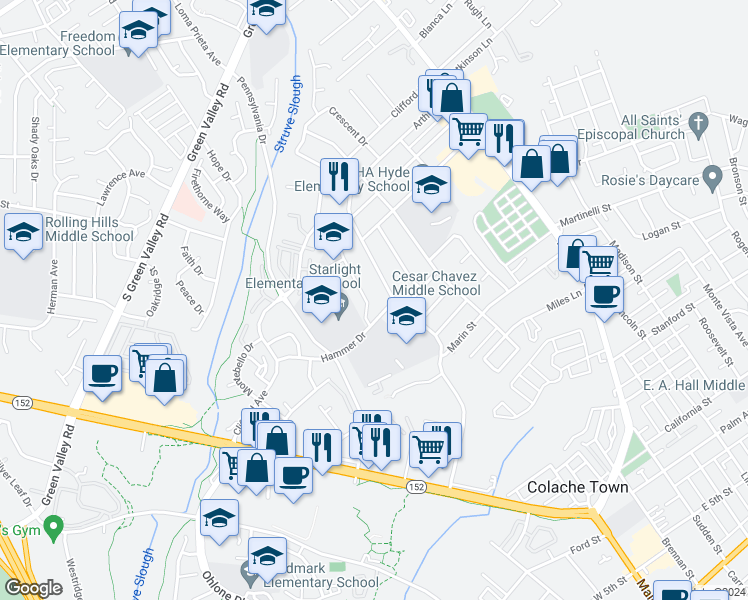 map of restaurants, bars, coffee shops, grocery stores, and more near 415 Winchester Drive in Watsonville