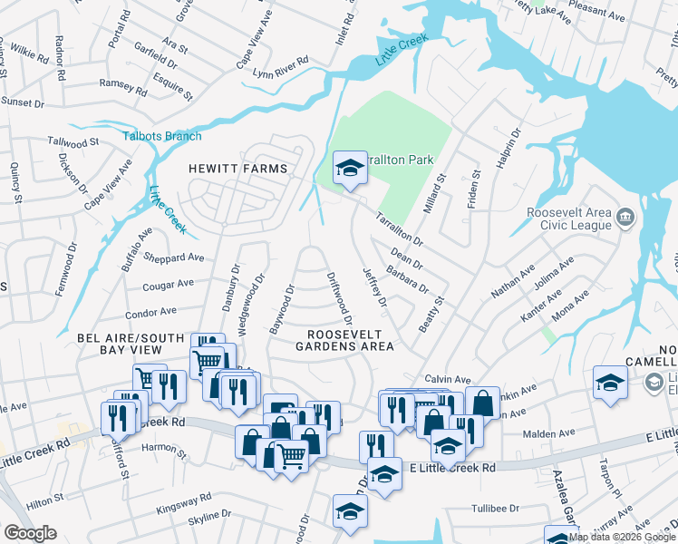 map of restaurants, bars, coffee shops, grocery stores, and more near 8214 Driftwood Drive in Norfolk
